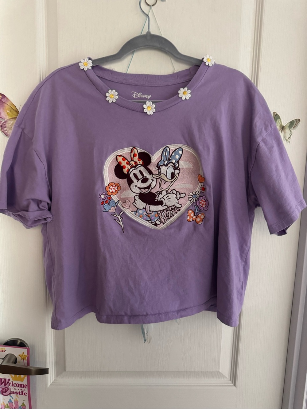 Disney Purple Minnie & Daisy Heart Patch Tee with Floral Trim